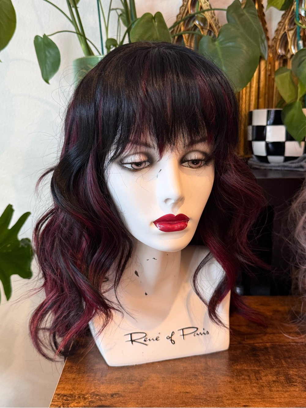 Wavy silky soft wig with deep red highlights